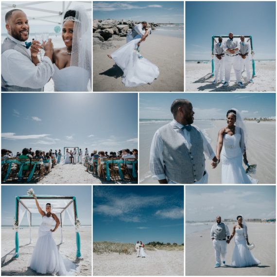 Image Collage of a Bride and Groom having a beach wedding with Tiffany Blue accents - Jetty Park, Florida