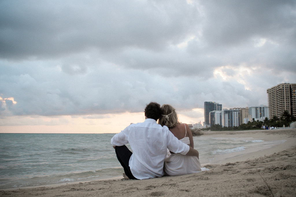 Miami Beach Wedding Couple Embracing Coastal Skyline
